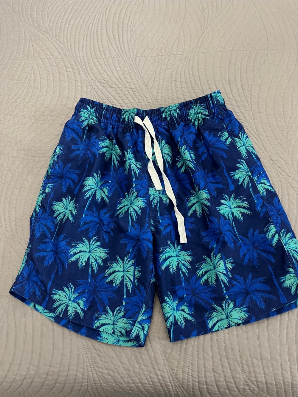 Boys Blue Palm-Print Swim Shorts